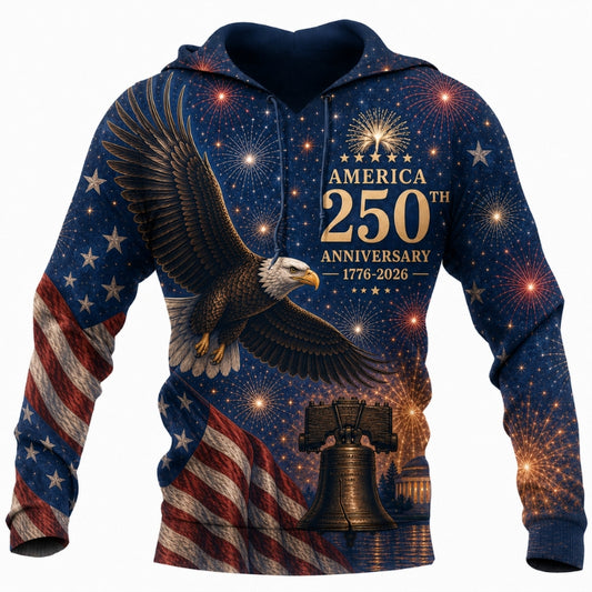 America 250th Anniversary Hoodie- Royal Eagle Fireworks Liberty Bell Print