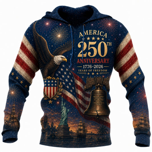 America 250th Anniversary Hoodie- Royal Eagle Shield Liberty Bell Print