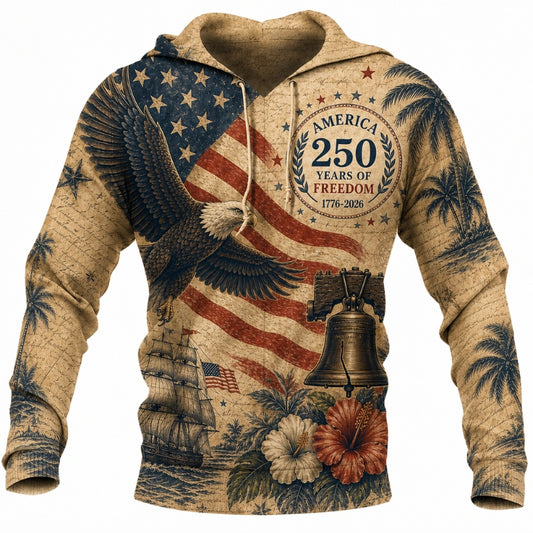 America 250th Anniversary Hoodie- Rustic Eagle Flag Liberty Bell Print