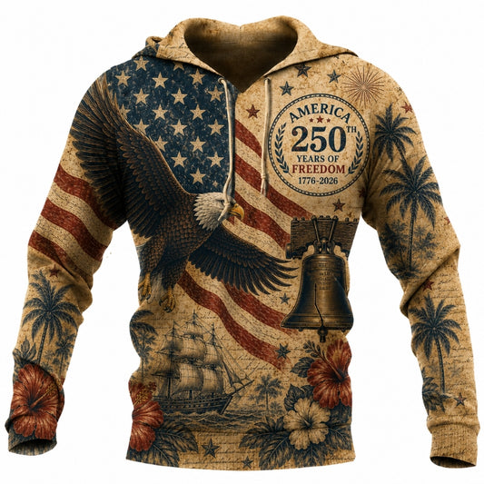 America 250th Anniversary Hoodie- Rustic Eagle Flag Tall Ship Print