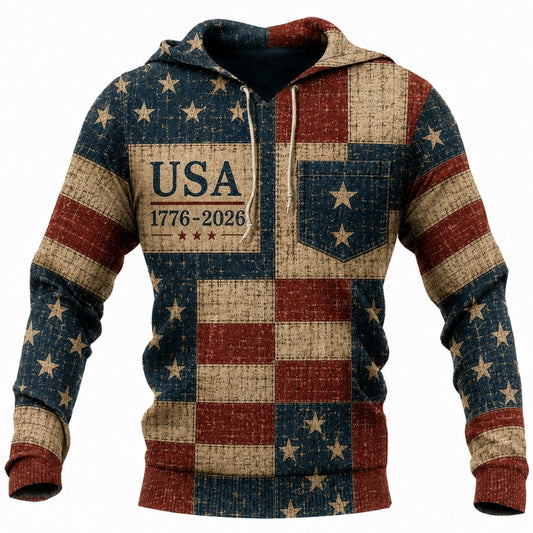America 250th Anniversary Hoodie- Rustic USA Patchwork Flag Print