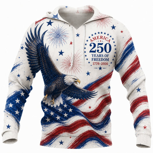 America 250th Anniversary Hoodie- Sketch Eagle Wavy Flag Freedom Print