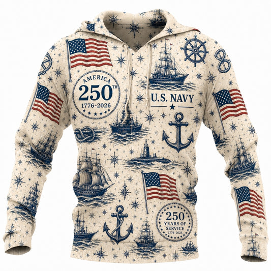 America 250th Anniversary Hoodie- US Navy Ships Anchor Nautical Print
