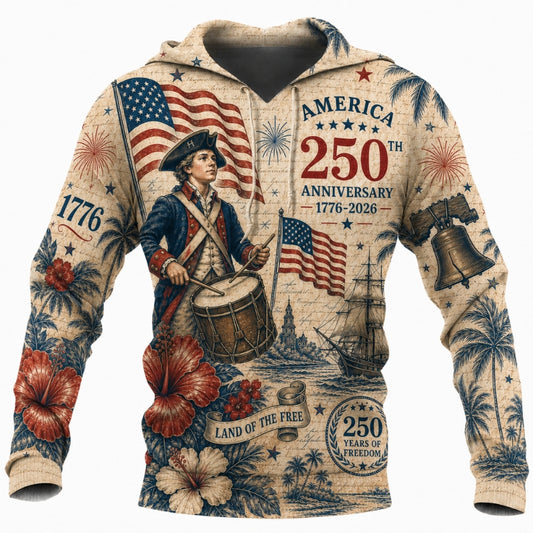 America 250th Anniversary Hoodie- Vintage Drummer Liberty Bell Hibiscus