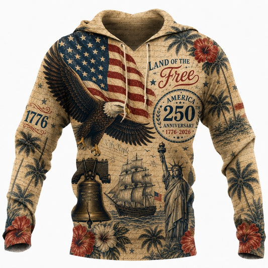 America 250th Anniversary Hoodie- Vintage Eagle Liberty Bell Tropical Print