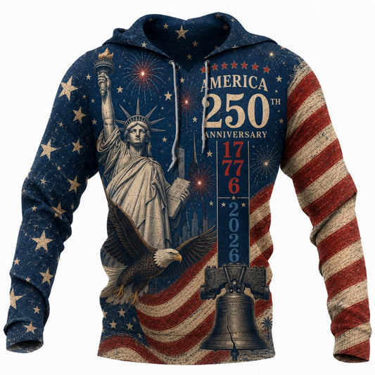 America 250th Anniversary Hoodie- Vintage Liberty Statue Eagle Stripe Print