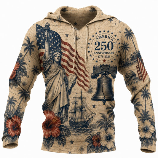 America 250th Anniversary Hoodie- Vintage Liberty Statue Ship Hibiscus