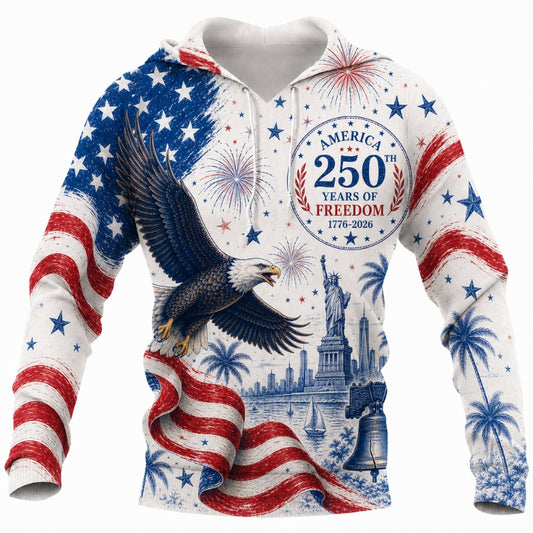 America 250th Anniversary Hoodie- White Eagle Flag Freedom Seal Print