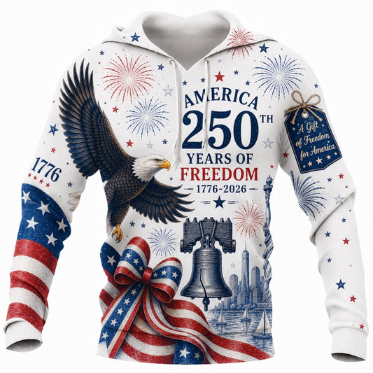 America 250th Anniversary Hoodie- White Eagle Ribbon Gift of Freedom Print
