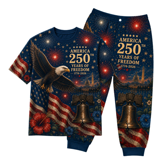 America 250th Anniversary Pajamas Short Sleeve - Firework Eagle Bell