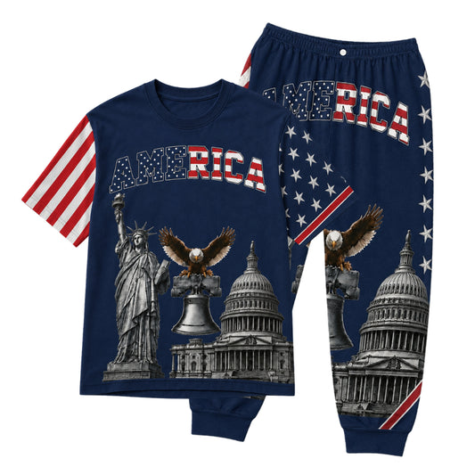 America 250th Anniversary Pajamas Short Sleeve - Navy Eagle Bell Scene