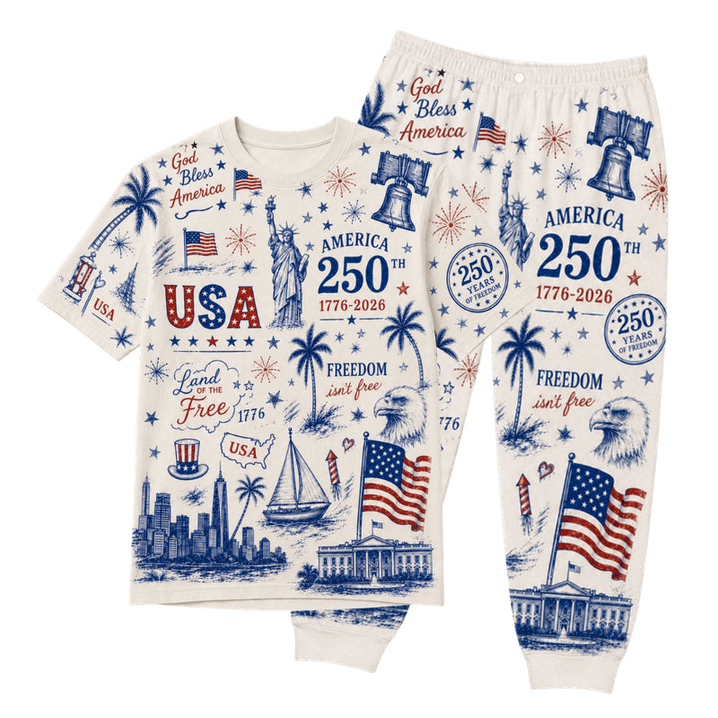 America 250th Anniversary Pajamas Short Sleeve - Patriotic Icon Collage