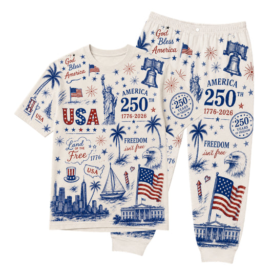 America 250th Anniversary Pajamas Short Sleeve - Patriotic Icon Collage