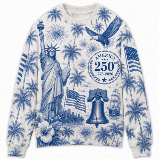 America 250th Anniversary Sweater - Blue Toile Liberty Eagle Palms