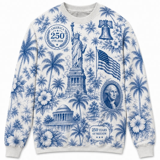 America 250th Anniversary Sweater - Blue Toile Liberty Founder Flag