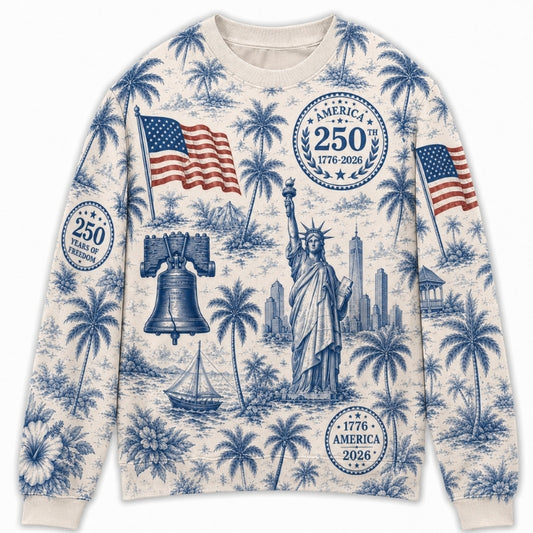 America 250th Anniversary Sweater - Blue Toile Liberty Skyline Bell