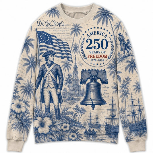 America 250th Anniversary Sweater - Blue Toile Minuteman Bell Ship