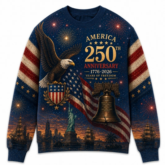 America 250th Anniversary Sweater - Eagle Shield Liberty Ship Skyline