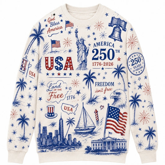 America 250th Anniversary Sweater - God Bless America Doodle Print