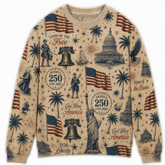 America 250th Anniversary Sweater - Land of the Free Capitol Bell Toile
