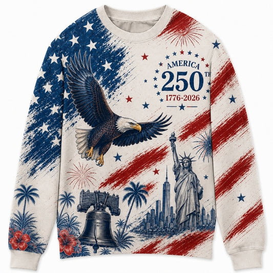 America 250th Anniversary Sweater - Painted Flag Eagle Skyline Bell