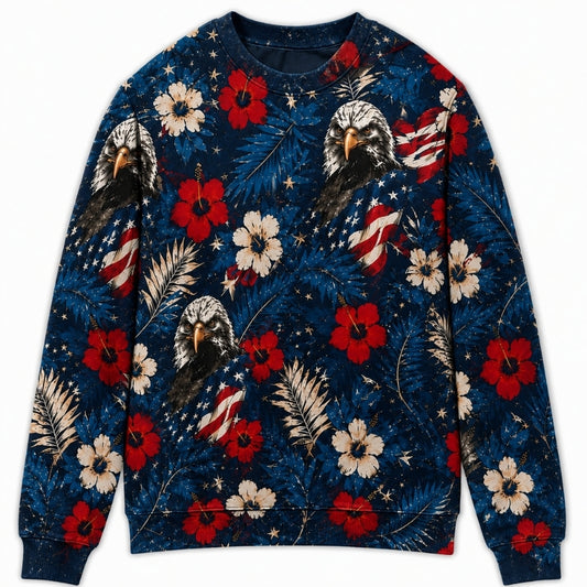 America 250th Anniversary Sweater - Red Blue Floral Eagle Bloom