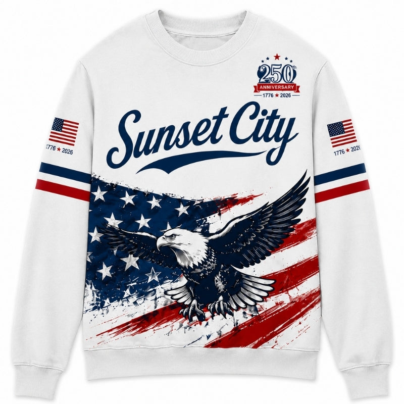 America 250th Anniversary Sweater - Sunset City Eagle Flag Script