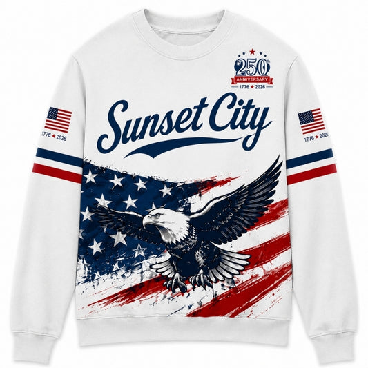 America 250th Anniversary Sweater - Sunset City Eagle Flag Script
