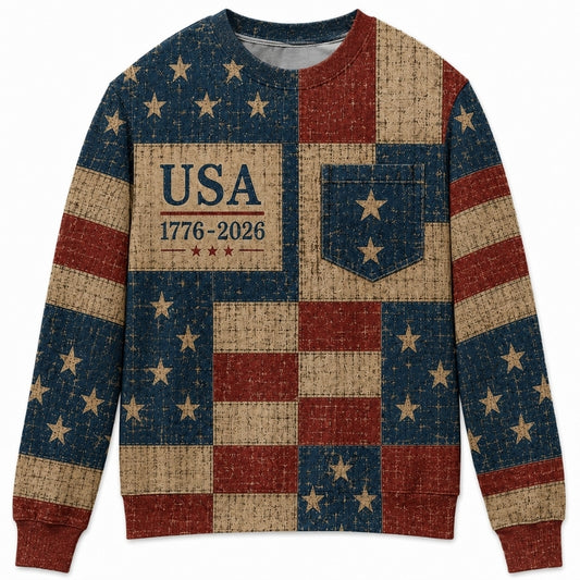 America 250th Anniversary Sweater - USA Patchwork Checkerboard Flag