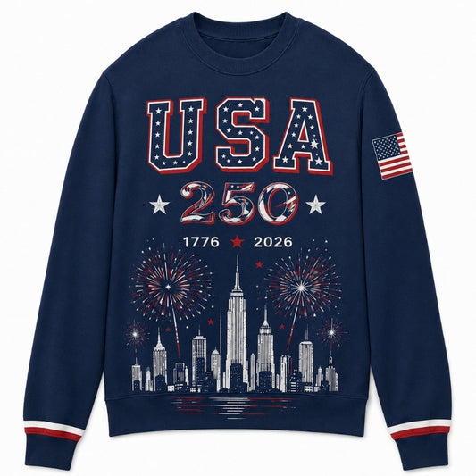 America 250th Anniversary Sweater - USA Skyline Fireworks Navy