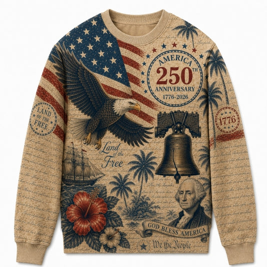 America 250th Anniversary Sweater - Vintage Eagle Founder Bell Flag