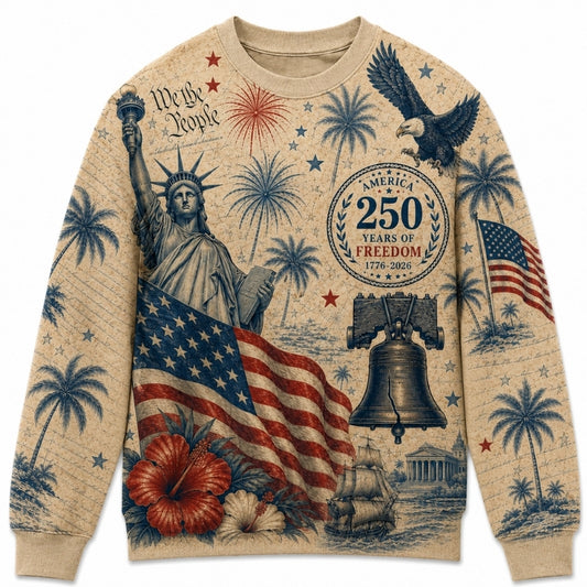 America 250th Anniversary Sweater - Vintage Liberty Bell Ship Flag