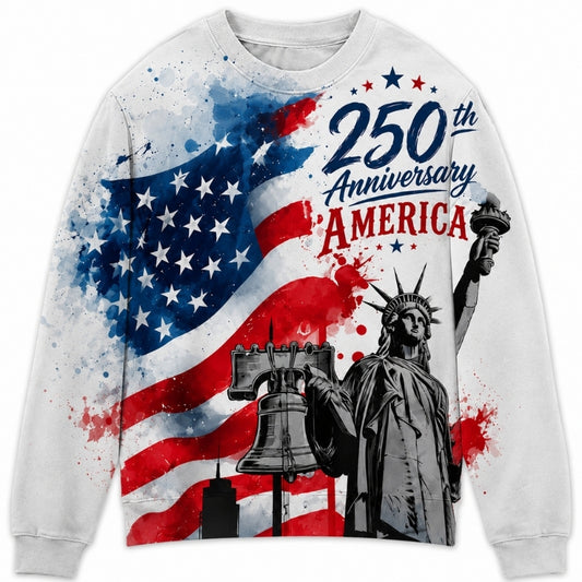 America 250th Anniversary Sweater - Watercolor Flag Liberty Bell Torch