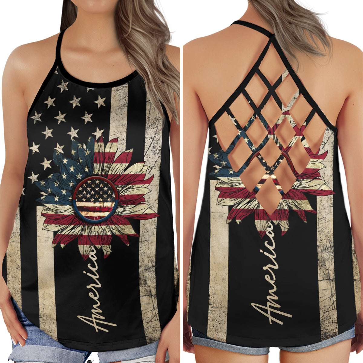 USA Independence Day Sunflower Vibes - Hollow Tank Top