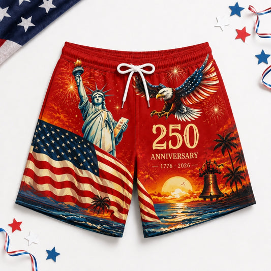 America 250th Anniversary Beach Short- Bold Red Liberty Eagle Print
