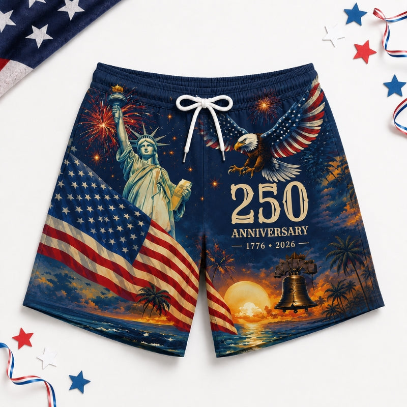 America 250th Anniversary Beach Short- Navy Liberty Eagle Bell Print