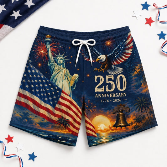 America 250th Anniversary Beach Short- Navy Liberty Eagle Bell Print