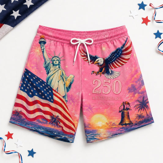 America 250th Anniversary Beach Short- Soft Pink Liberty Eagle Print