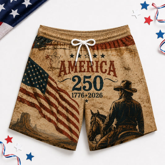 America 250th Anniversary Beach Short- Vintage Western Cowboy Print
