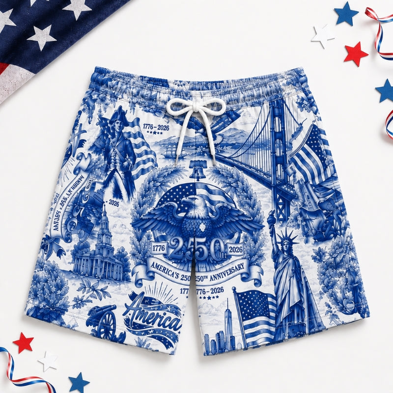 America 250th Anniversary Beach Short - Blue Landmark Toile