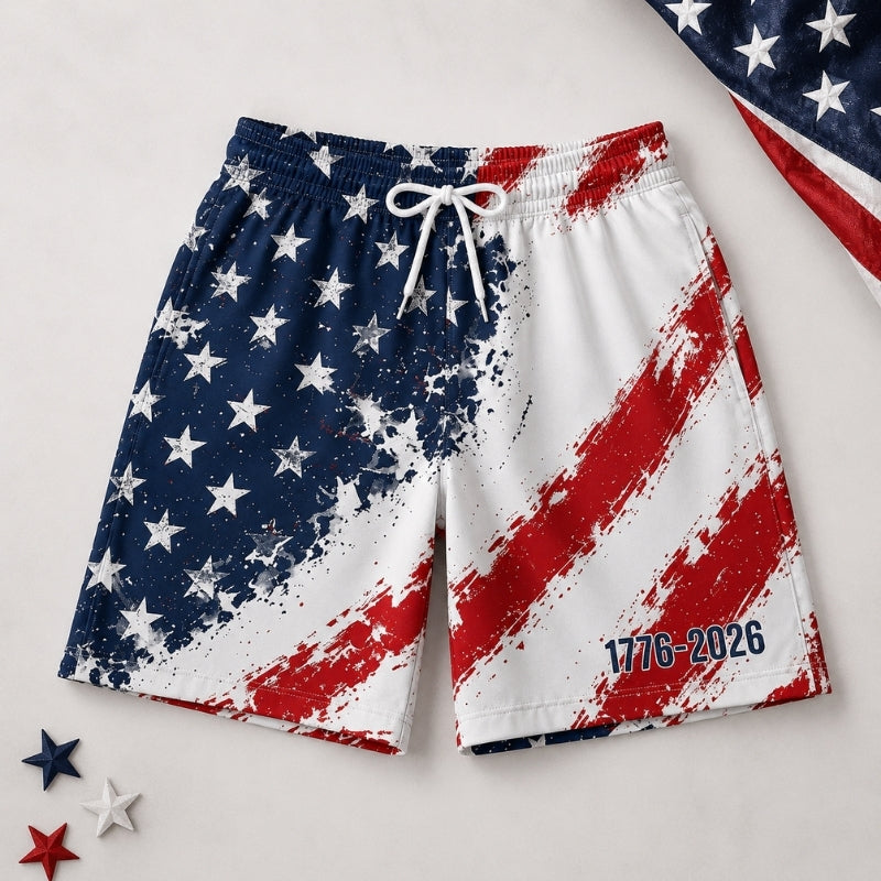 America 250th Anniversary Beach Short - Brush Flag Swim Trunks