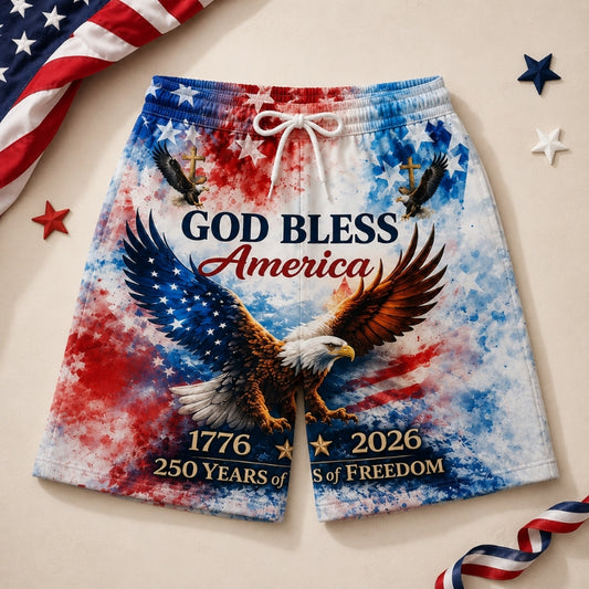 America 250th Anniversary Beach Short - God Bless Eagle Flag