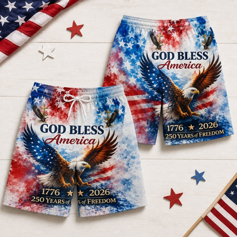 America 250th Anniversary Beach Short - God Bless Eagle Flag