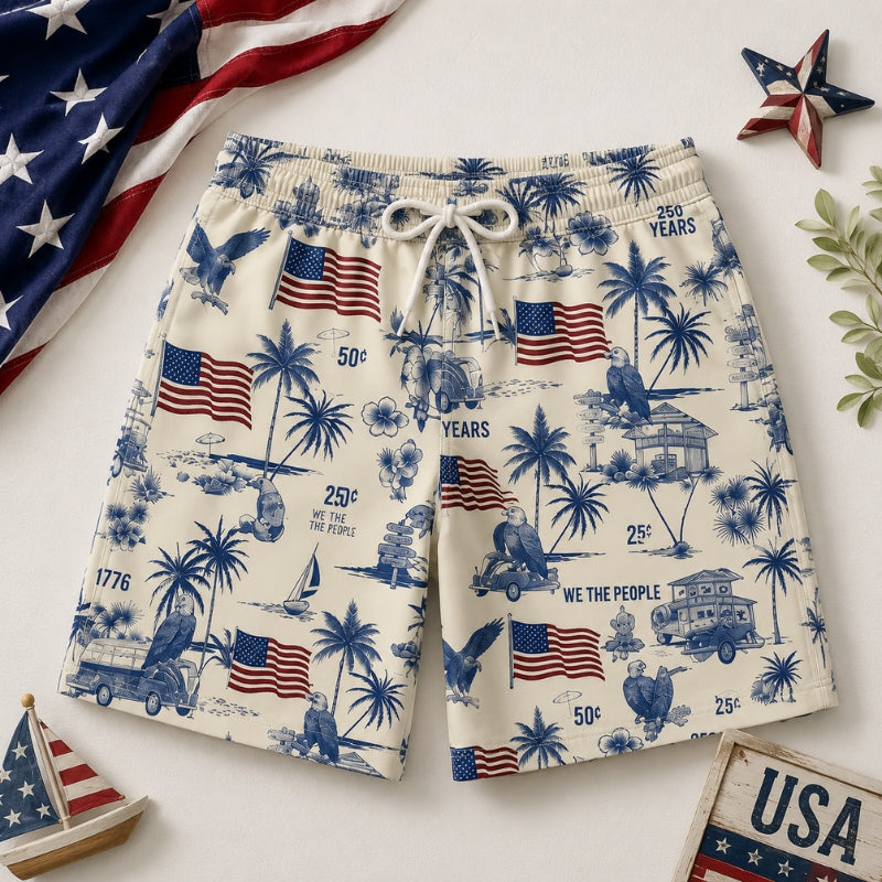 America 250th Anniversary Beach Short - Toile Palm Flag Print