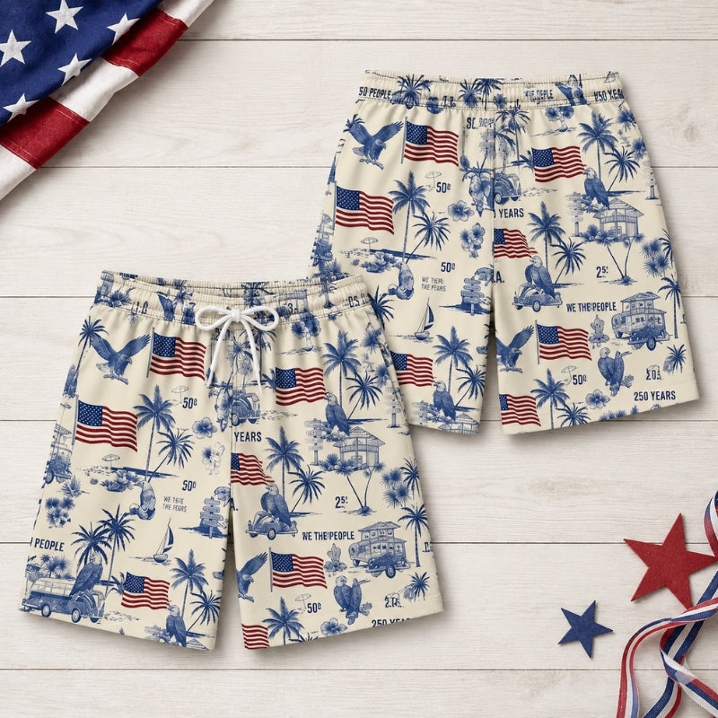 America 250th Anniversary Beach Short - Toile Palm Flag Print