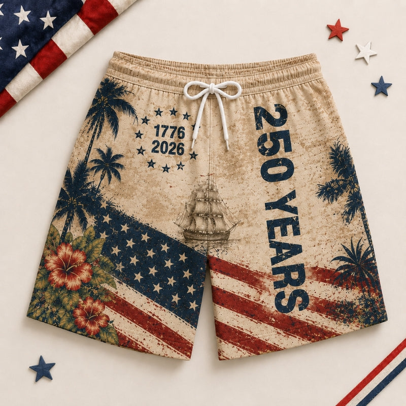 America 250th Anniversary Beach Short - Vintage Tropical Flag