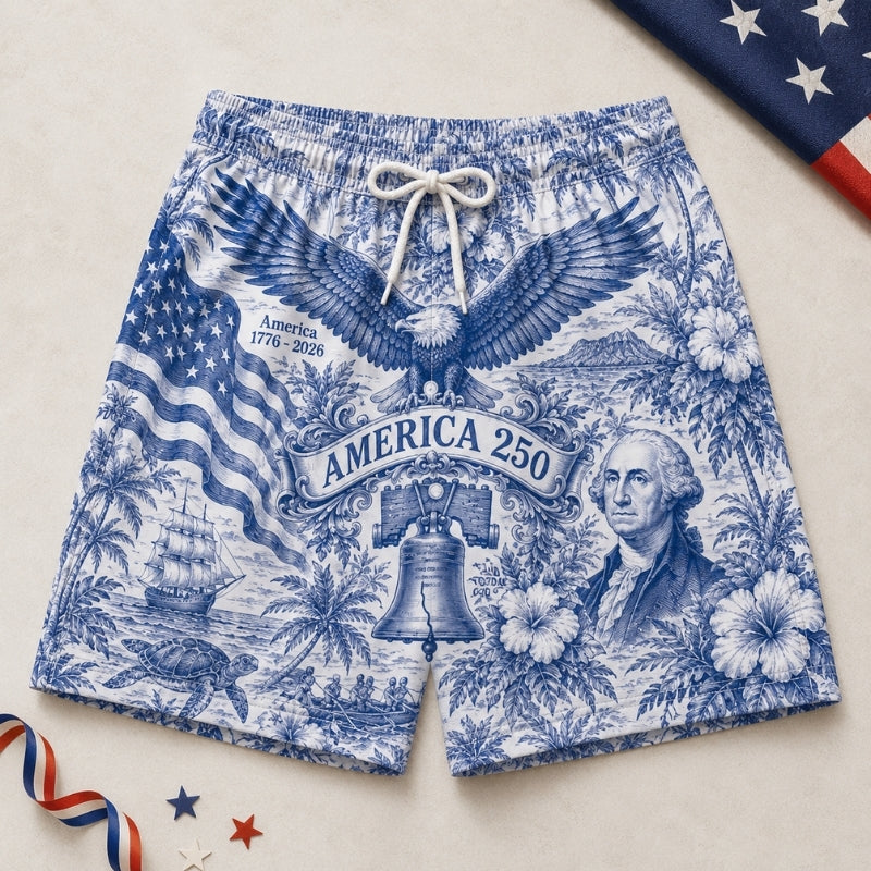 America 250th Anniversary Beach Short - Vintage USA Flag Swim