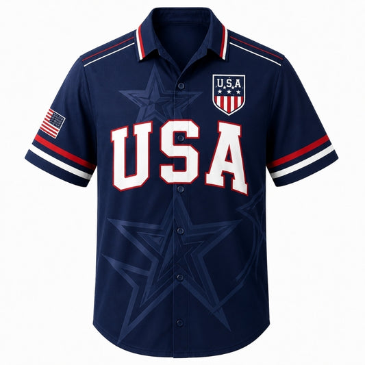 America 250th Anniversary Hawaiian Shirt - USA Star Navy Crest