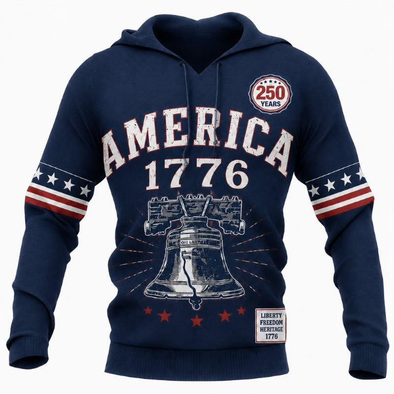 America 250th Anniversary Hoodie- USA America Liberty Bell Navy Print