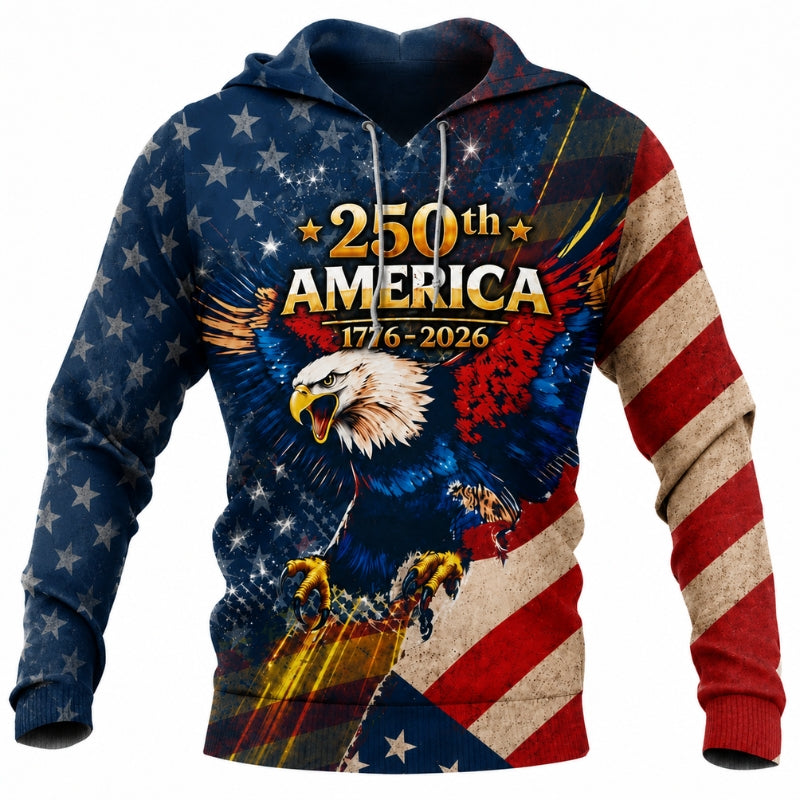 America 250th Anniversary Hoodie- USA Anniversary Eagle Flag Burst Print